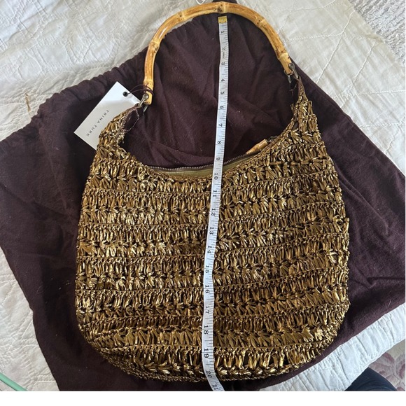 Trina Turk Metallic Gold Woven Straw Hobo Slouchy Shoulder Bag Bamboo Handle NWT - Picture 6 of 6